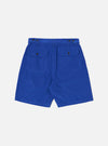 Back view of Work Blue Summer Cord Alva Short on a white background. The blue corduroy shorts have back pockets and a relaxed fit.