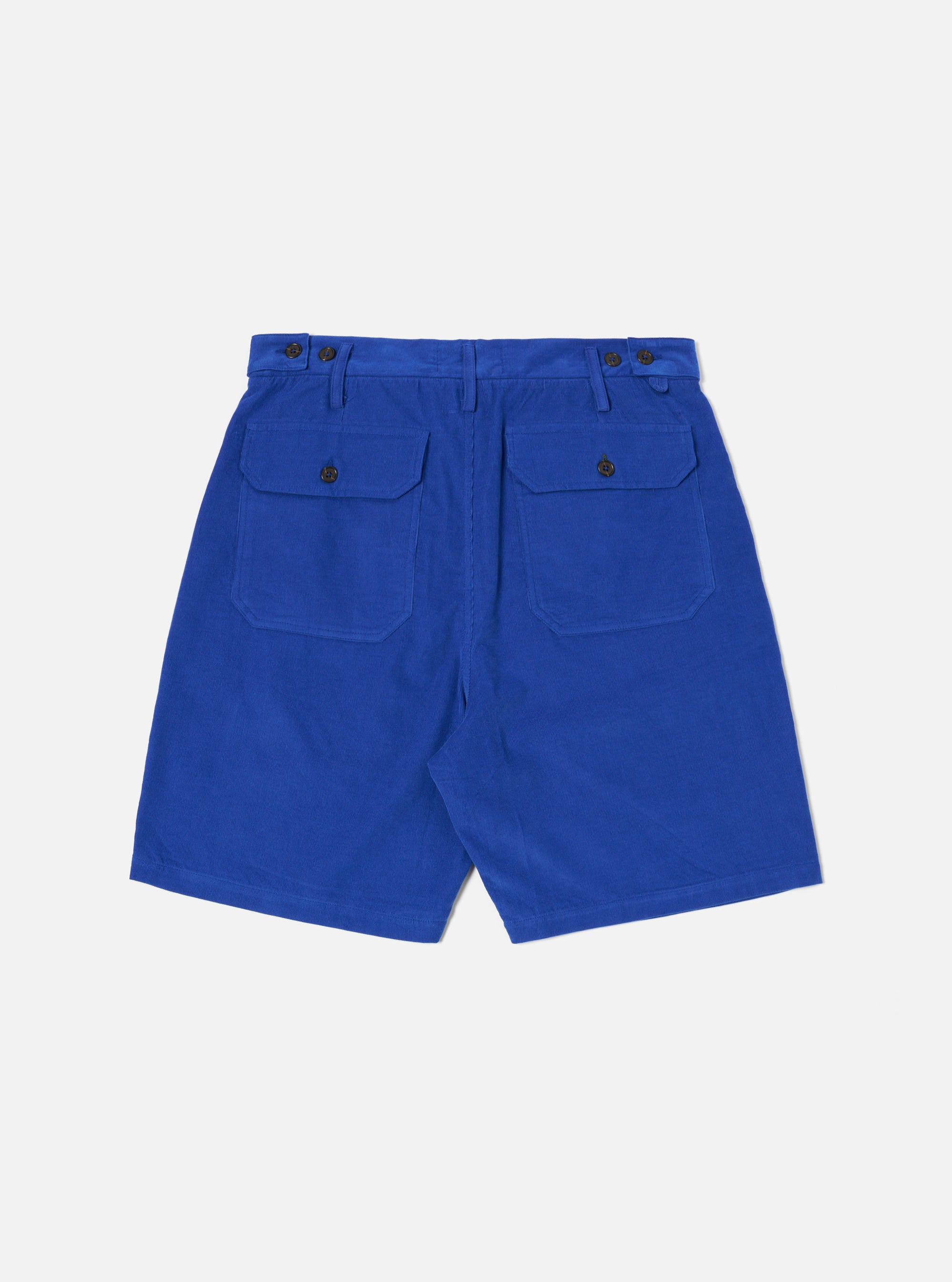 Back view of Work Blue Summer Cord Alva Short on a white background. The blue corduroy shorts have back pockets and a relaxed fit.