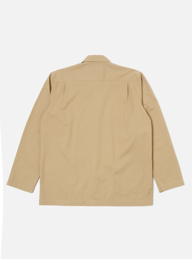 Back view of the Sand Military Cotton Dockside Overshirt on a white background. The sand-colored cotton overshirt has long sleeves and a classic fit.