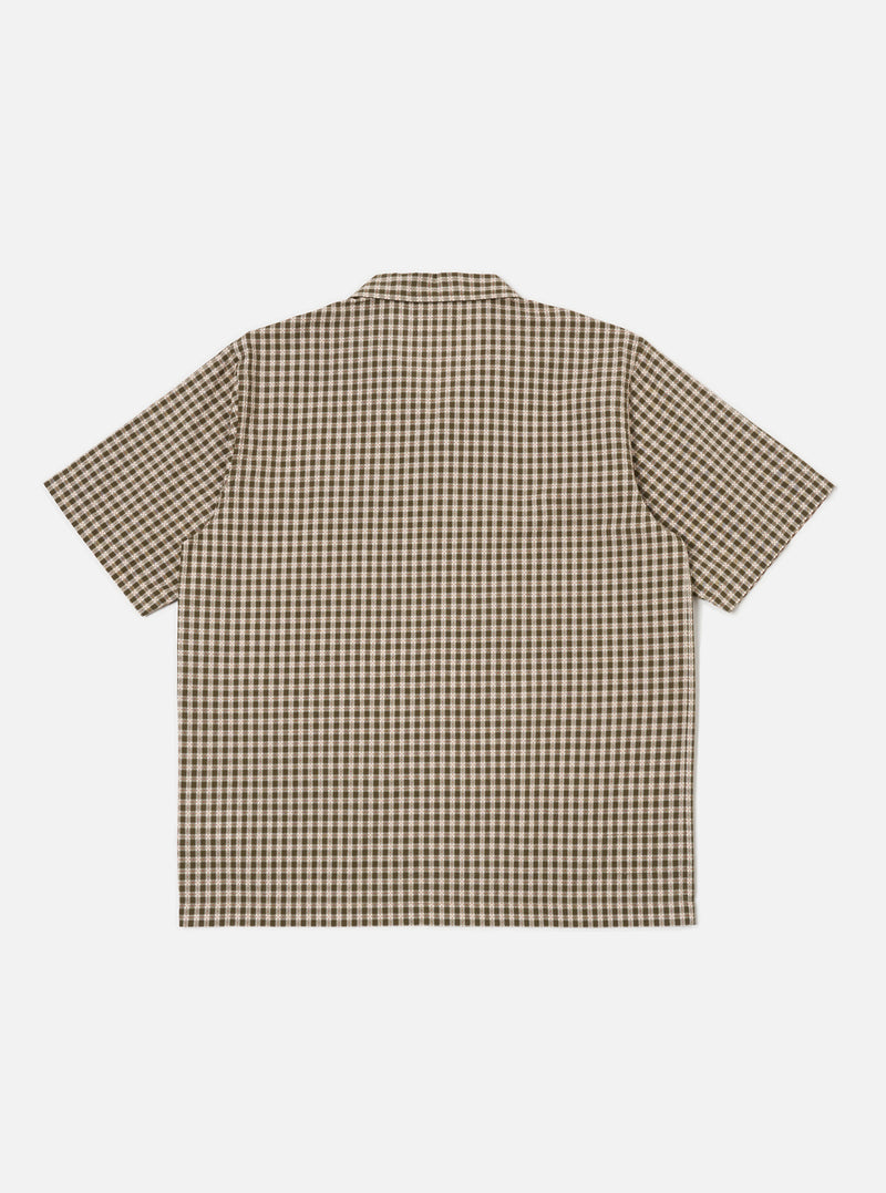Back view of the Olive Dobby Check Road Shirt, featuring a brown and beige check pattern. The shirt is laid flat on a white background.