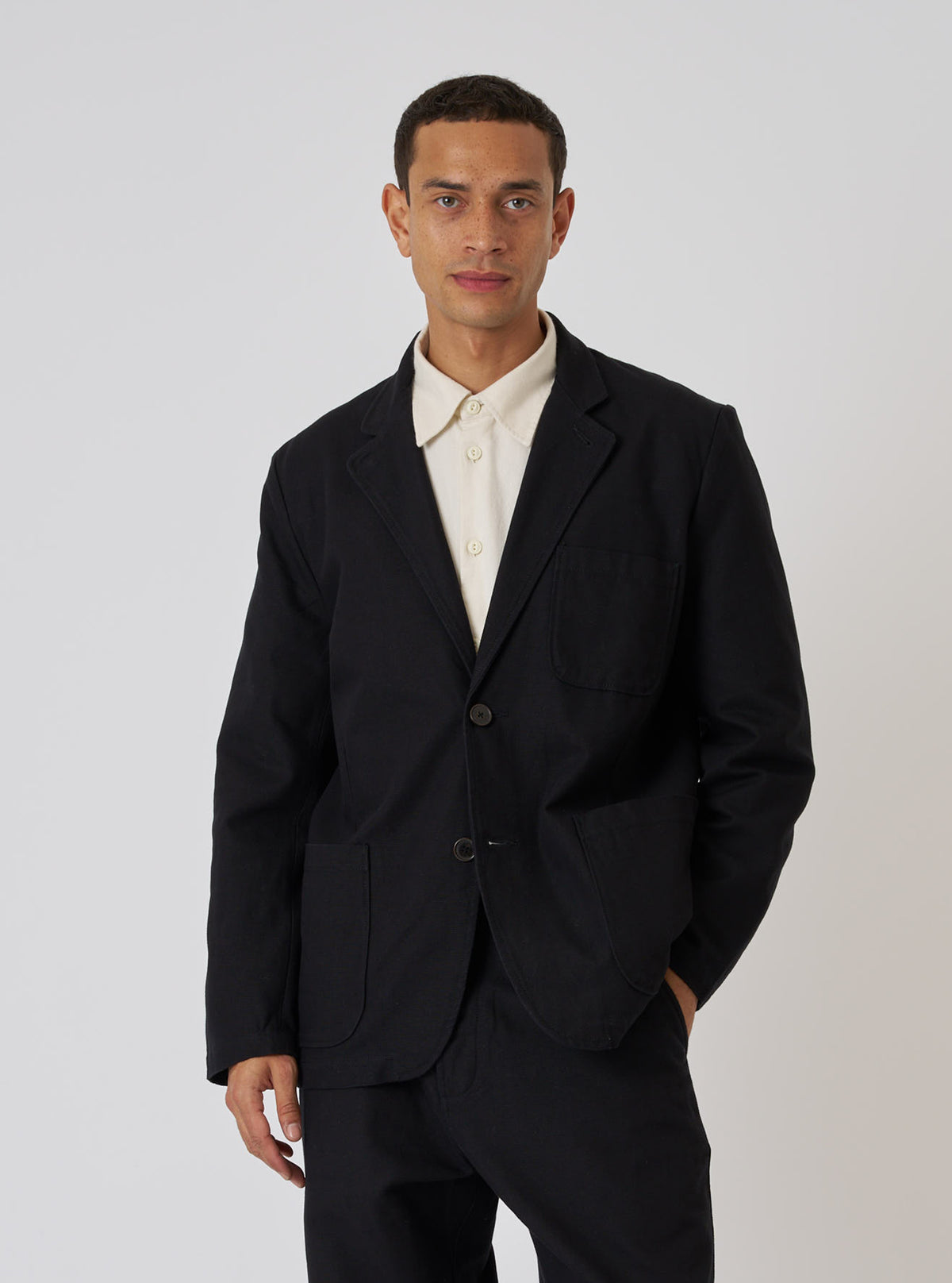 Black Organic Canvas Two Button Jacket