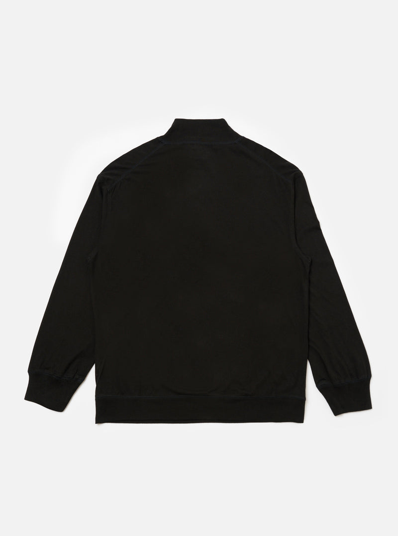 Close-up of the back of a Black Single Jersey Funnel Neck Tee on a white background. The tee has long sleeves and a funnel neck.