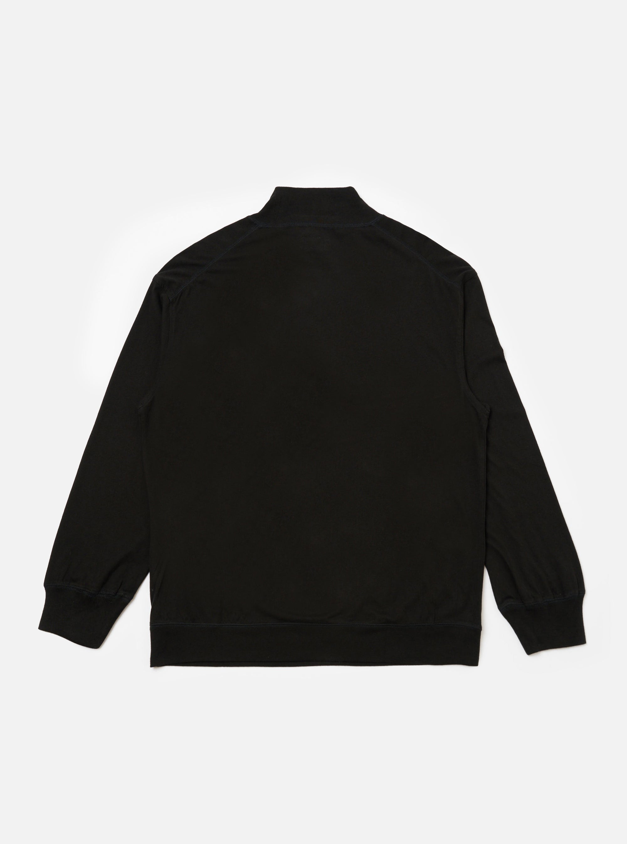 Close-up of the back of a Black Single Jersey Funnel Neck Tee on a white background. The tee has long sleeves and a funnel neck.