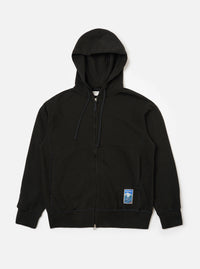 The Black Brush Back Sweat New York Hoody in black cotton blend, displayed flat on a white background. The hooded sweatshirt is fully zipped with a logo patch on the lower left.