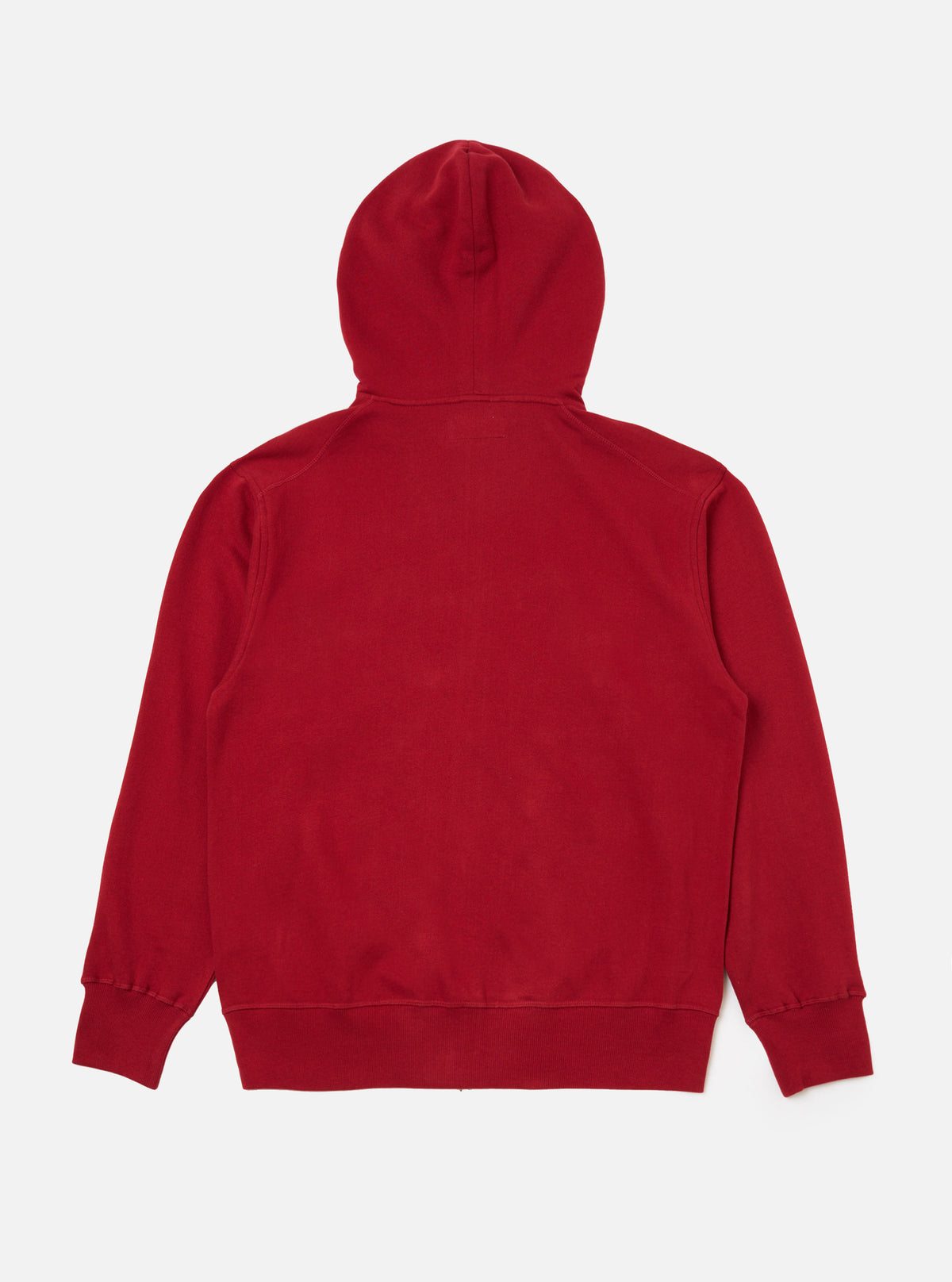 Back view of the Red Brush Back Sweat New York Hoody on a white background. The hoody is a vibrant red with long sleeves and a classic fit.