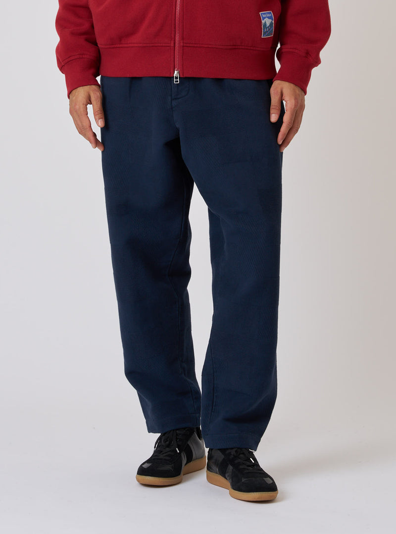 Dark Navy Patchwork Weave Cotton Pleated Track Pant