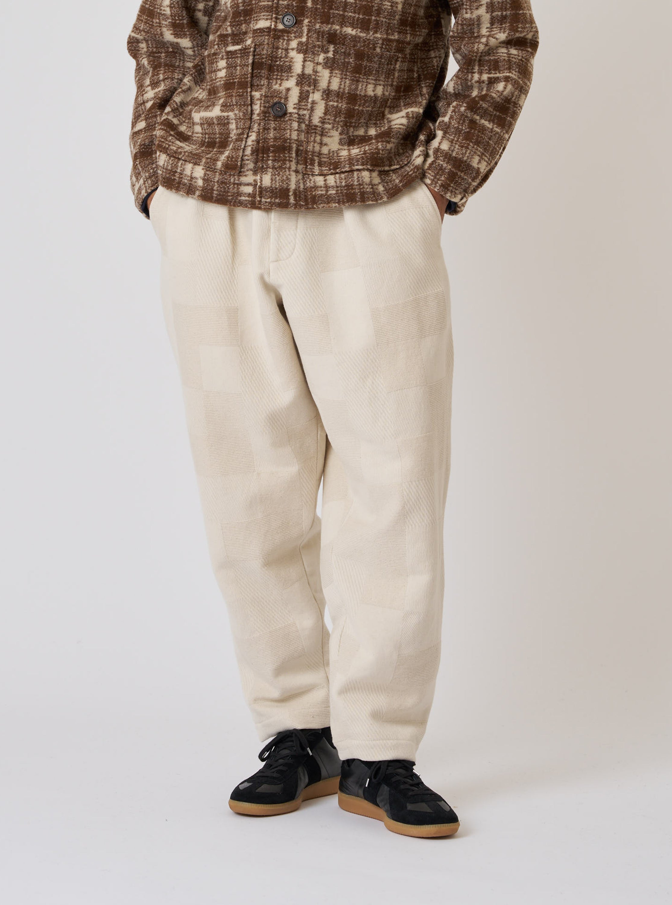 Men's Ecru Patchwork Weave Cotton Pleated Track Pant – Universal Works