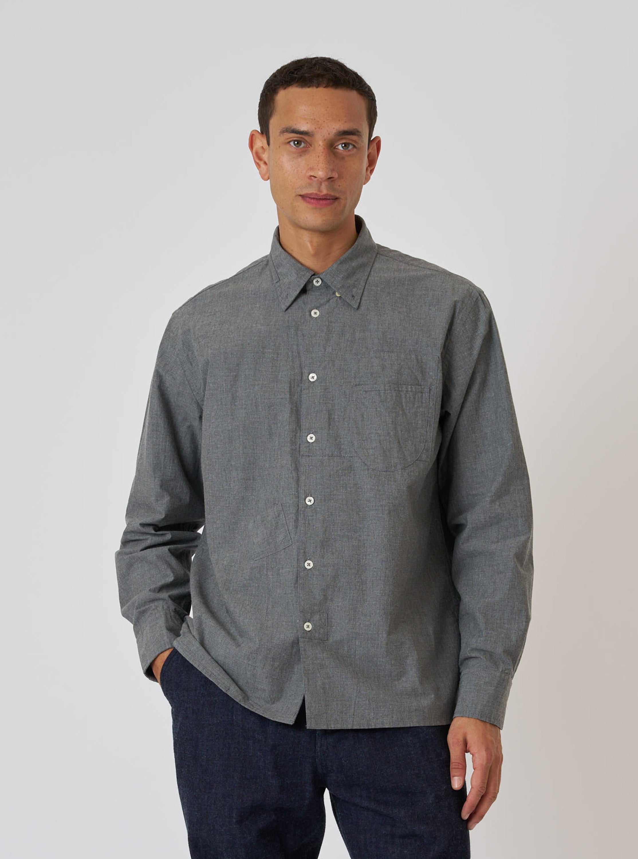 Men's Charcoal Chambray Patched Lazy Day Long Sleeve Shirt