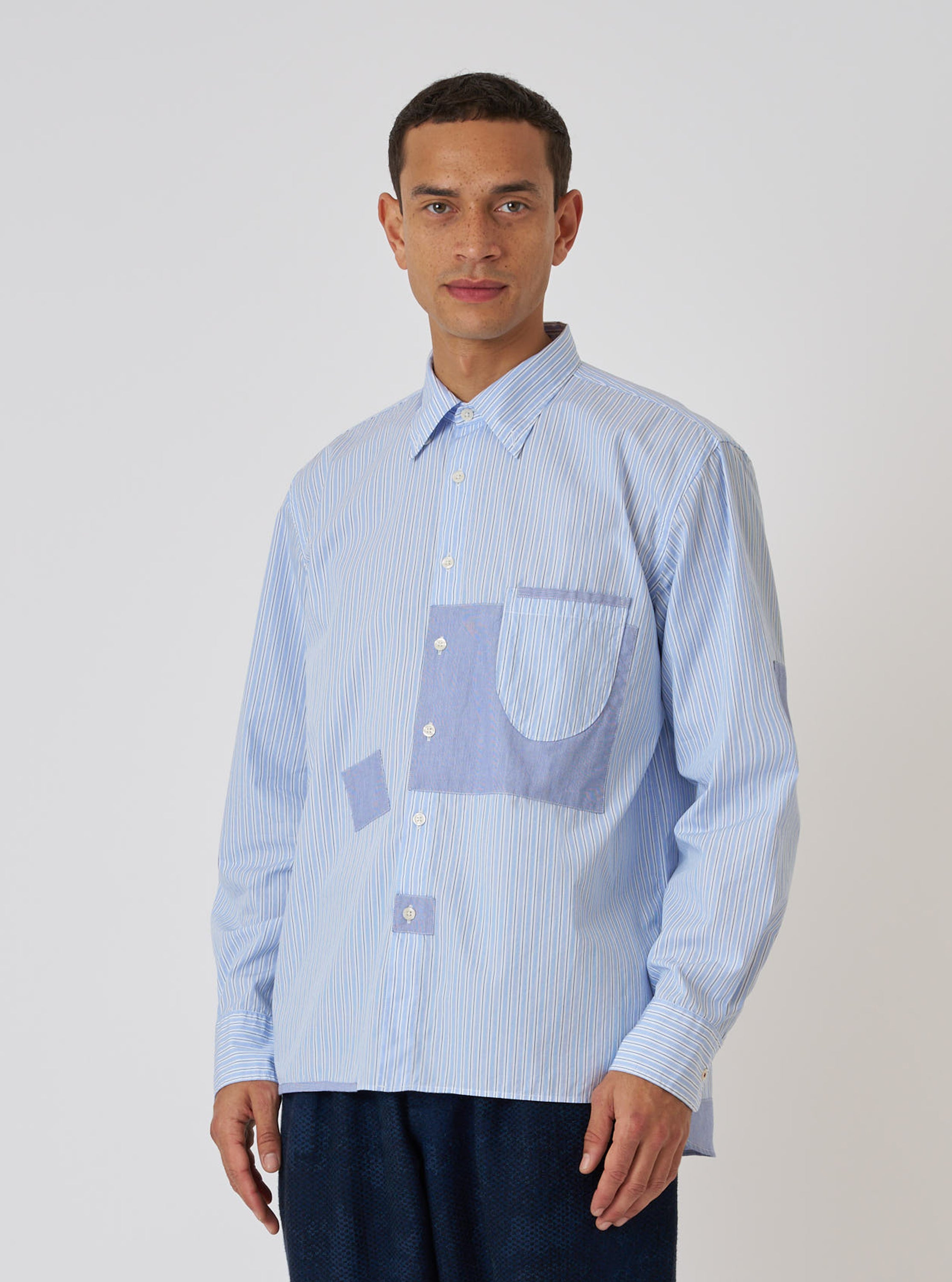 Men's Blue Office Stripe Patched Lazy Day Shirt – Universal Works
