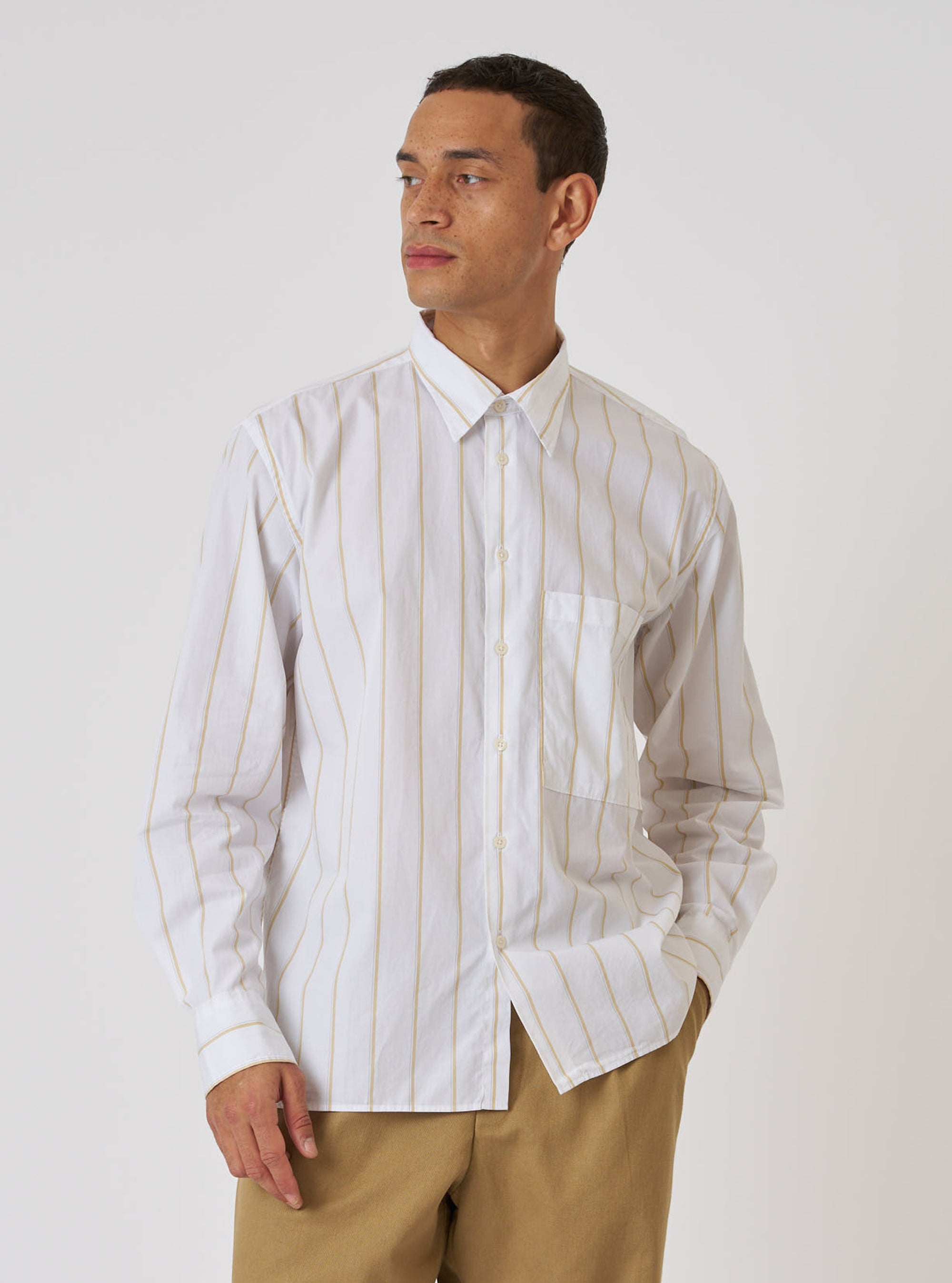 White Office Stripe Square Pocket Shirt