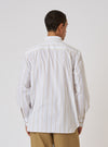 Back view of a model wearing a White Office Stripe Square Pocket Shirt against a white background. The shirt has thin gold stripes.