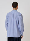 Back view of a model wearing the Blue Classic Stripe Lazy Day Shirt against a white backdrop. The shirt has a relaxed fit and visible button details.