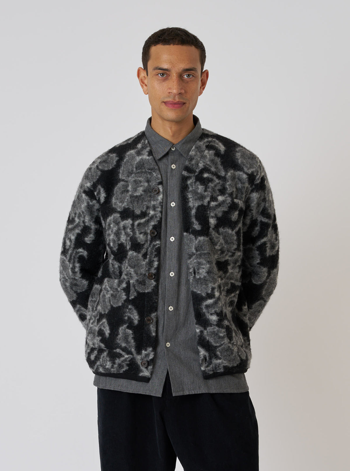 Charcoal Flower Fleece Cardigan