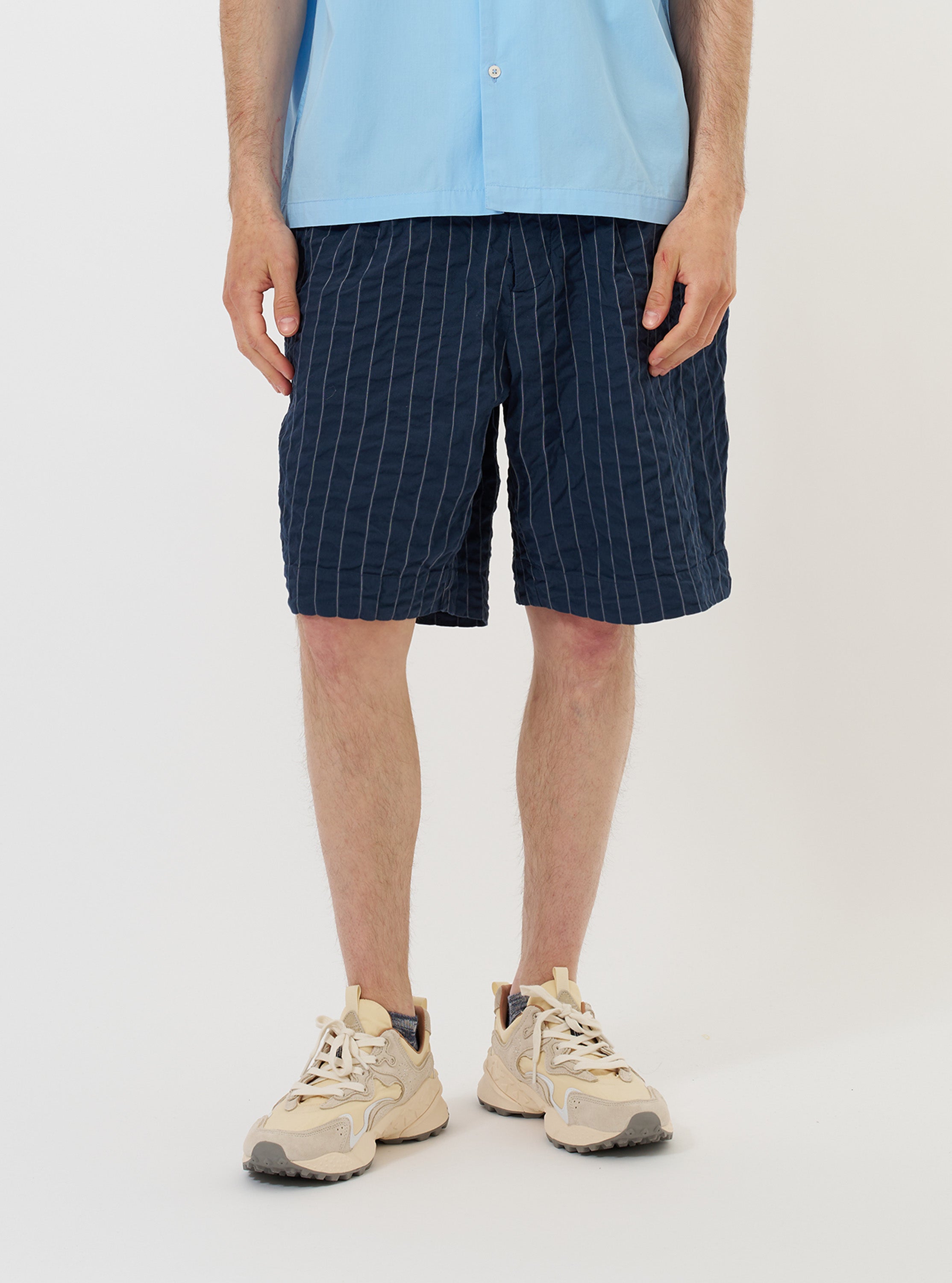 Men's Navy Seersucker Striped Pleated Track Short – Universal Works