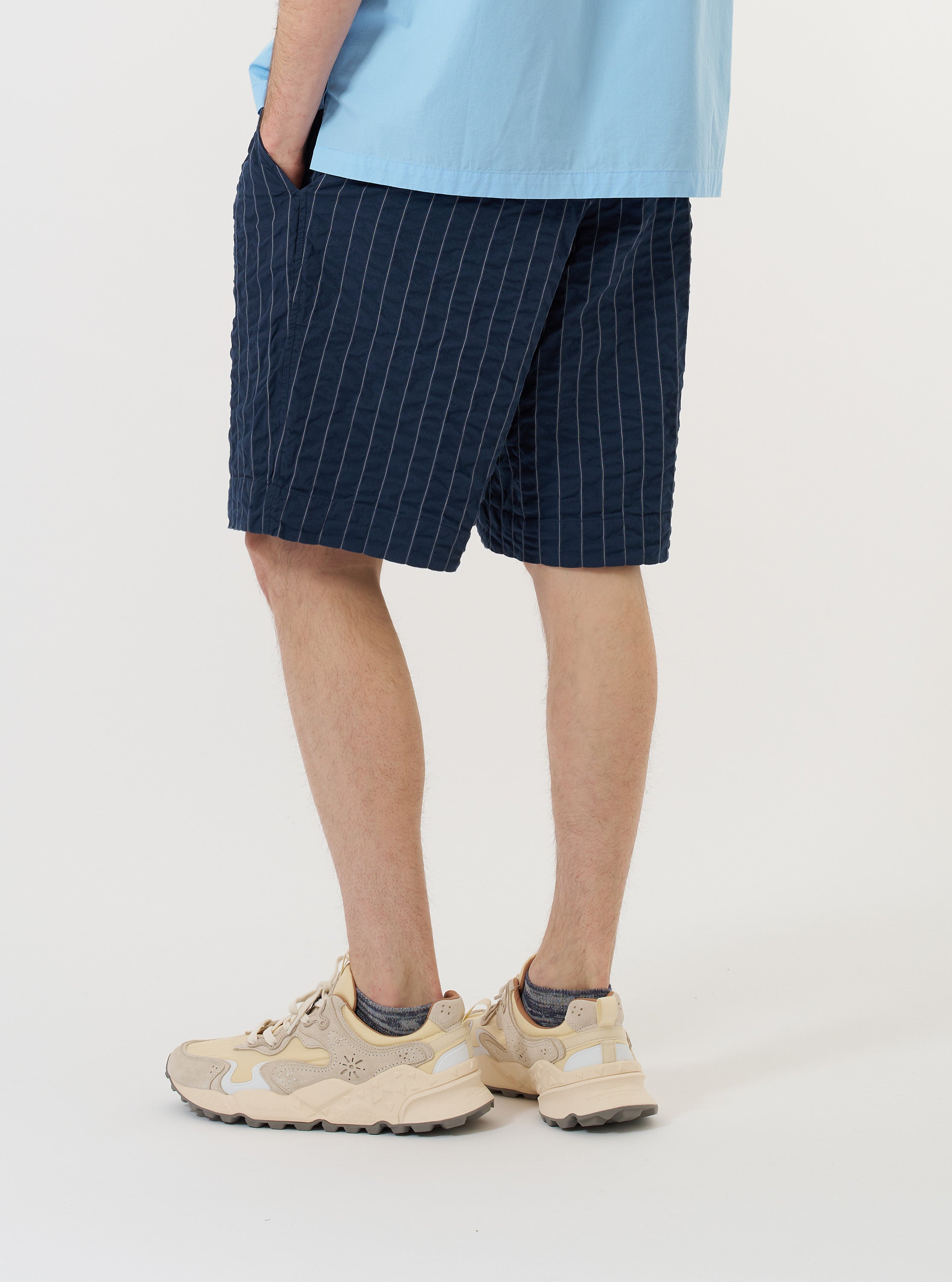 Men's Navy Seersucker Striped Pleated Track Short – Universal Works