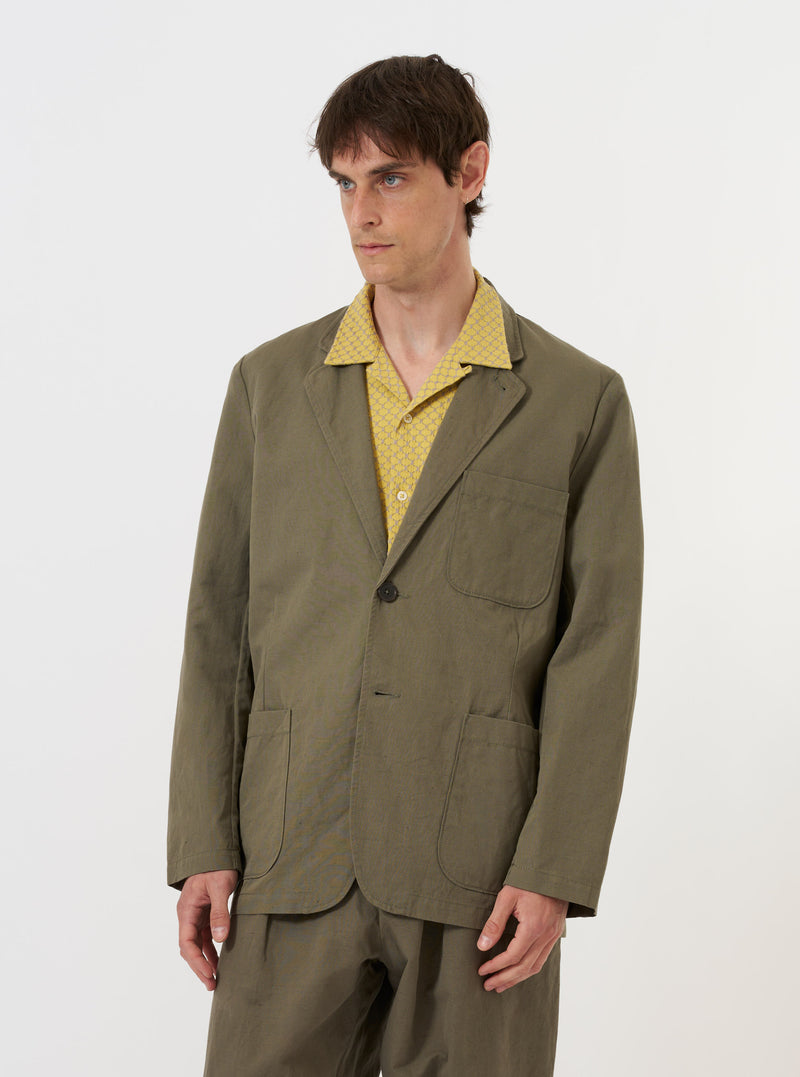 Olive Linen Slub Weave Two Button Jacket