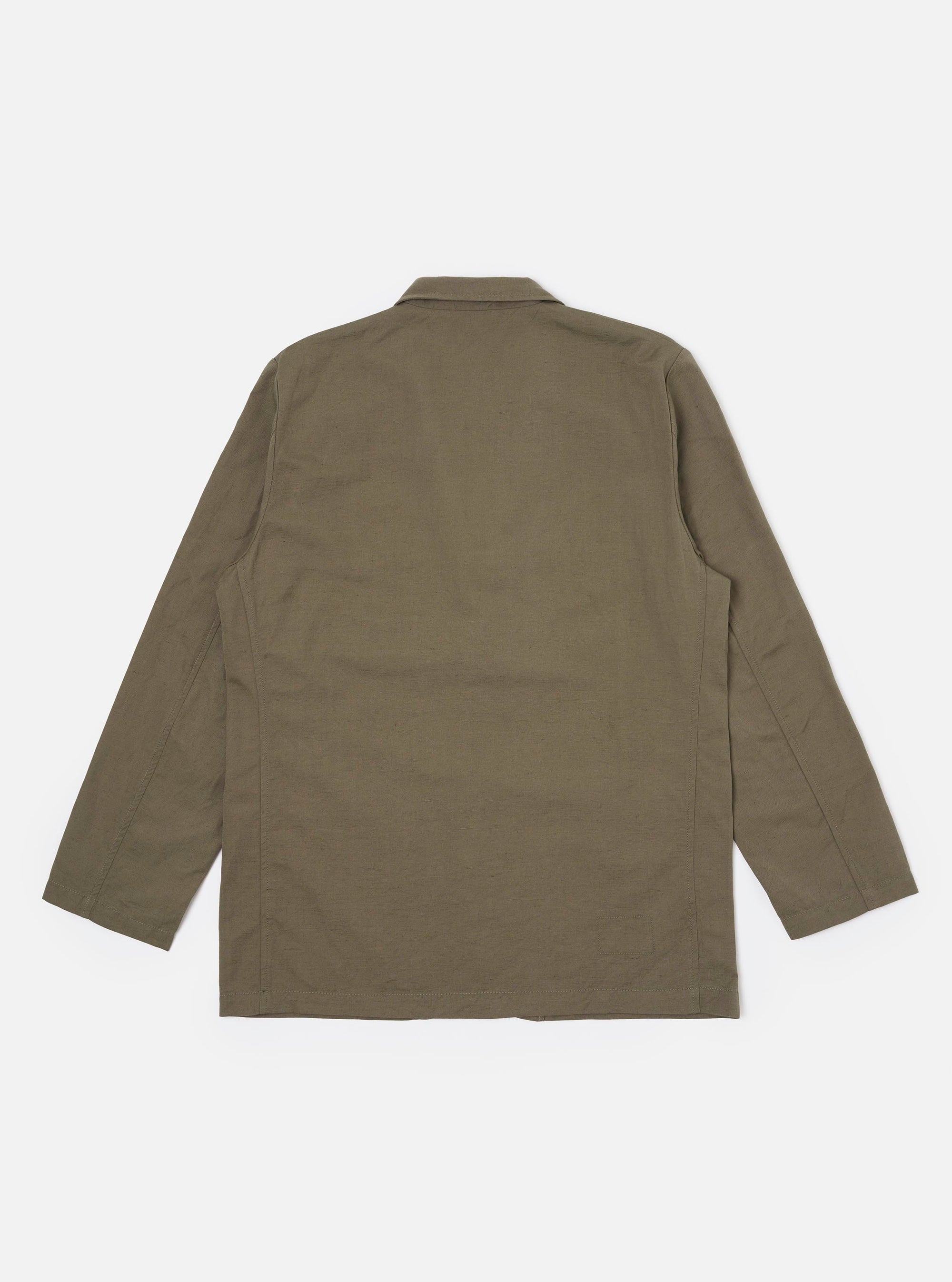 The Olive Linen Slub Weave Two Button Jacket is shown from the back as a flat lay against a plain white background. The image highlights the jacket's structured back with a central vent at the hem and the textured, olive green linen-cotton blend fabric.