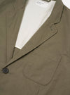 The Olive Linen Slub Weave Two Button Jacket is shown from the back as a flat lay against a plain white background. The image highlights the jacket's structured shoulders, clean rear seams, and a single vent at the hem. The fabric has a visible slubby texture in an olive green hue.