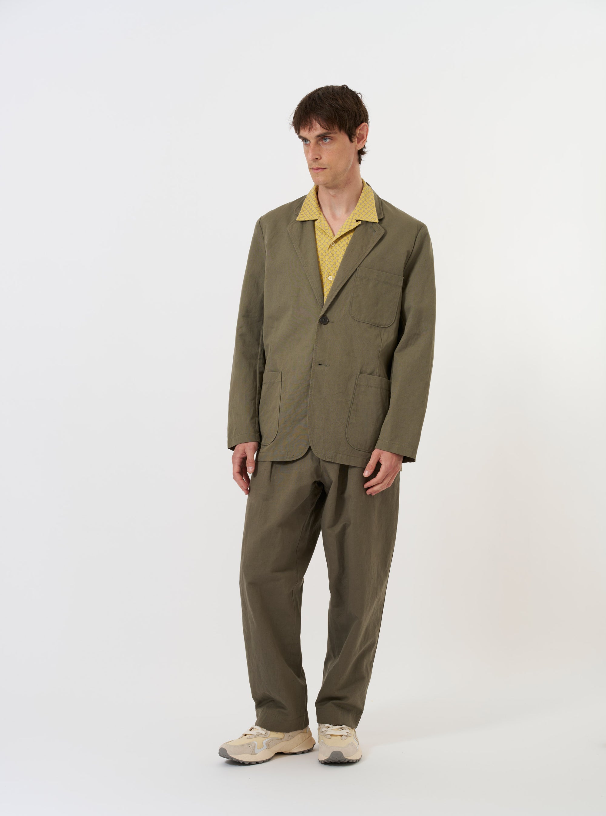 Olive Linen Slub Weave Two Button Jacket