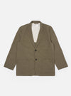 The Olive Linen Slub Weave Two Button Jacket is shown as a flat lay against a white background. The jacket features a relaxed fit with a two-button front closure, a long and wide notch lapel, two lower patch pockets, and one chest patch pocket. The fabric has a visible slubby texture from the linen-cotton blend.