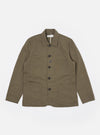 The Olive Linen Slub Weave Bakers Jacket is shown as a flat lay against a plain white background. The jacket features a five-button front closure, a structured collar, and four front patch pockets: one at the chest and three at the waist, including a smaller ticket pocket. The fabric has a visible slubbed texture in a solid olive green.