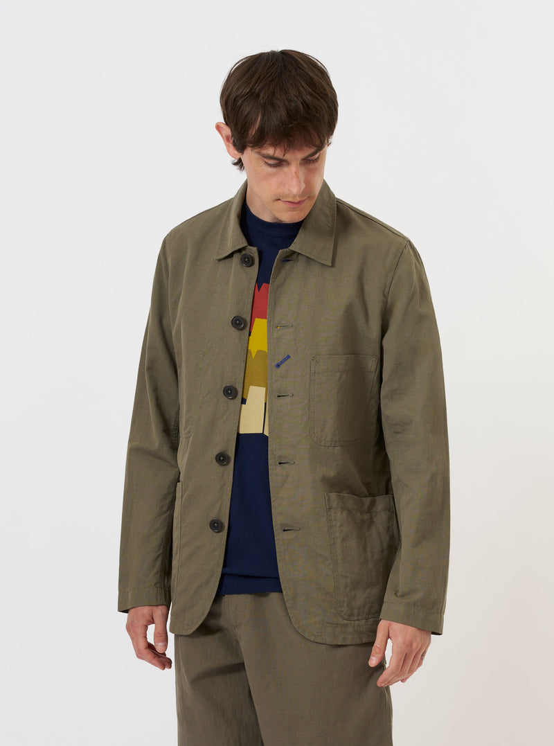 Olive Linen Slub Weave Bakers Jacket