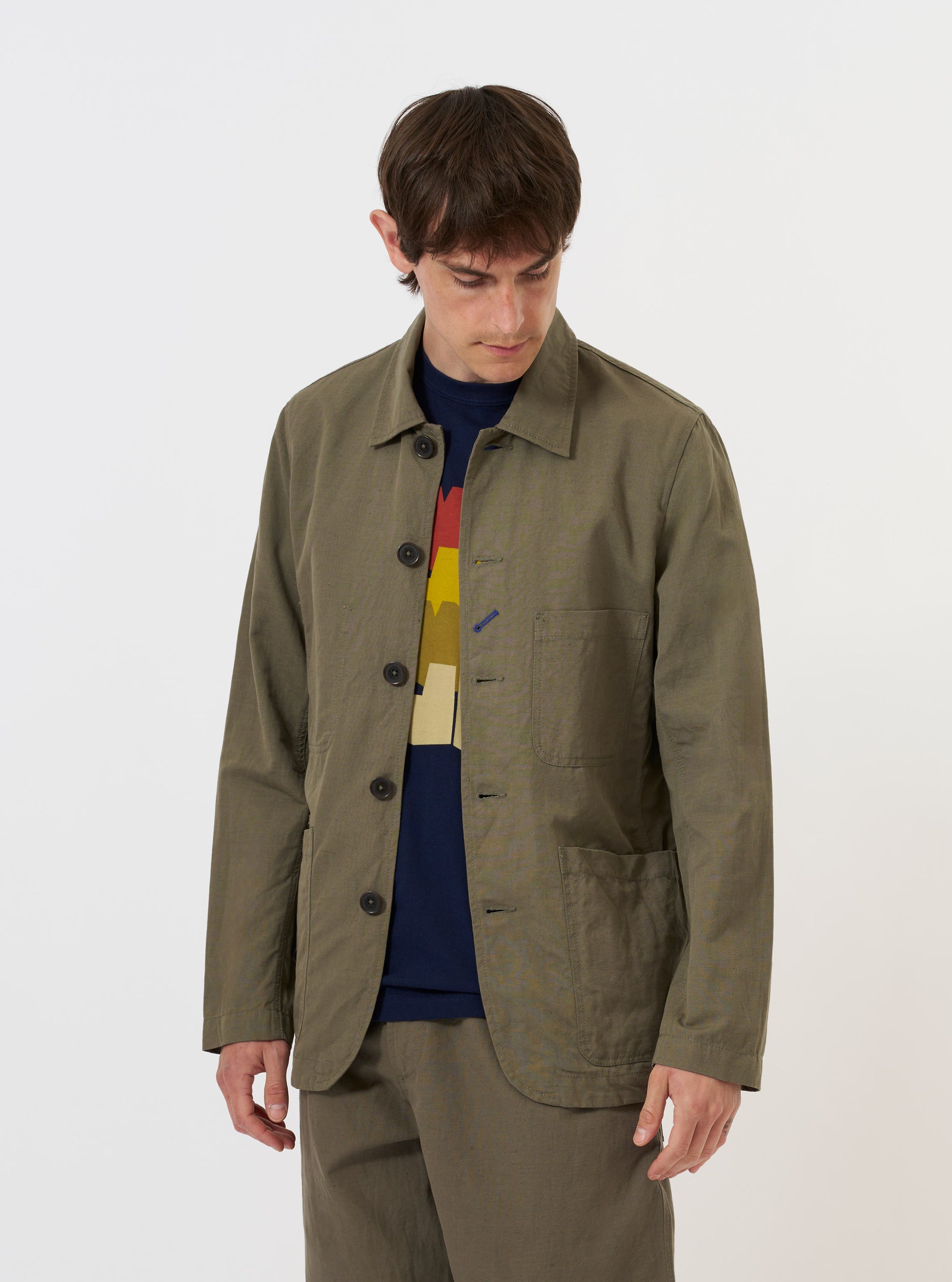 Olive Linen Slub Weave Bakers Jacket