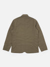 The Olive Linen Slub Weave Bakers Jacket is shown from the back as a flat lay against a plain white background. The image highlights the jacket's textured olive green linen-cotton blend fabric, featuring a two-piece sleeve construction and a straight hem.