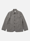 The Mid Grey Linen Slub Weave Bakers Jacket is shown as a flat lay against a plain white background. The jacket features a five-button front closure, a structured collar, and four asymmetrical patch pockets on the front, including one with a buttoned flap. The mid-grey fabric has a visible slubbed texture from the linen and cotton blend.