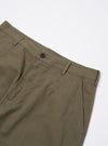 The Olive Linen Slub Weave Dizzy Trouser is shown from the back as a flat lay against a plain white background. The image highlights the two rear military-inspired patch pockets with buttoned flaps and the fixed waistband. The olive green fabric features a visible slub weave texture.