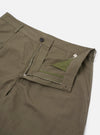 The Olive Linen Slub Weave Dizzy Trouser is shown from a rear angle as a flat lay against a plain white background. The image highlights the two rear button-flap patch pockets, the fixed waistband with belt loops, and the wide, slightly tapered cut of the legs. The olive green fabric features a visible slub weave texture.