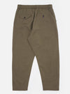 The Olive Linen Slub Weave Oxford Pant is shown from the back as a flat lay against a plain white background. The image highlights the two rear patch pockets, one of which features a button closure, and the elasticated waistband with visible stitching. The olive green fabric has a distinct textured slub weave throughout.