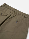 The Olive Linen Slub Weave Oxford Pant is shown from the back as a flat lay against a white background. The image highlights the two rear pockets, including one with a buttoned flap and one jetted pocket, as well as the elasticated waistband. The olive green fabric features a visible slubbed texture.