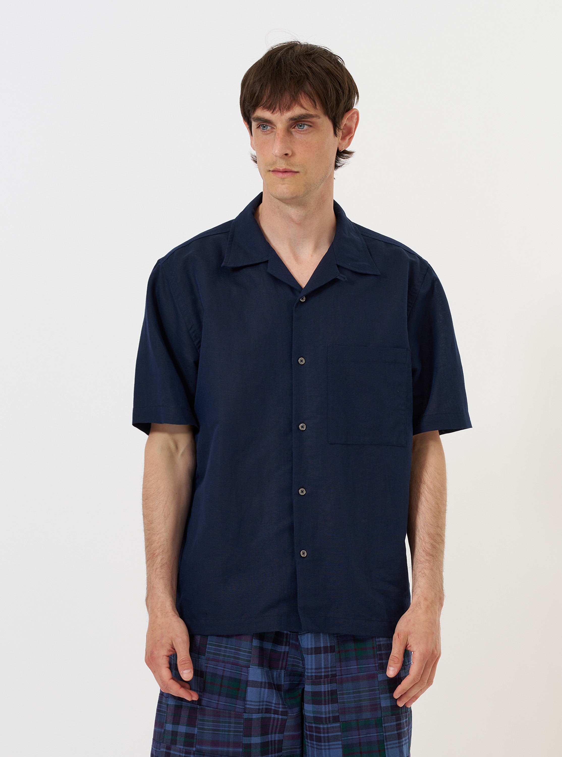 Men's Navy Linen Cotton Shirting Camp Collar Shirt – Universal Works