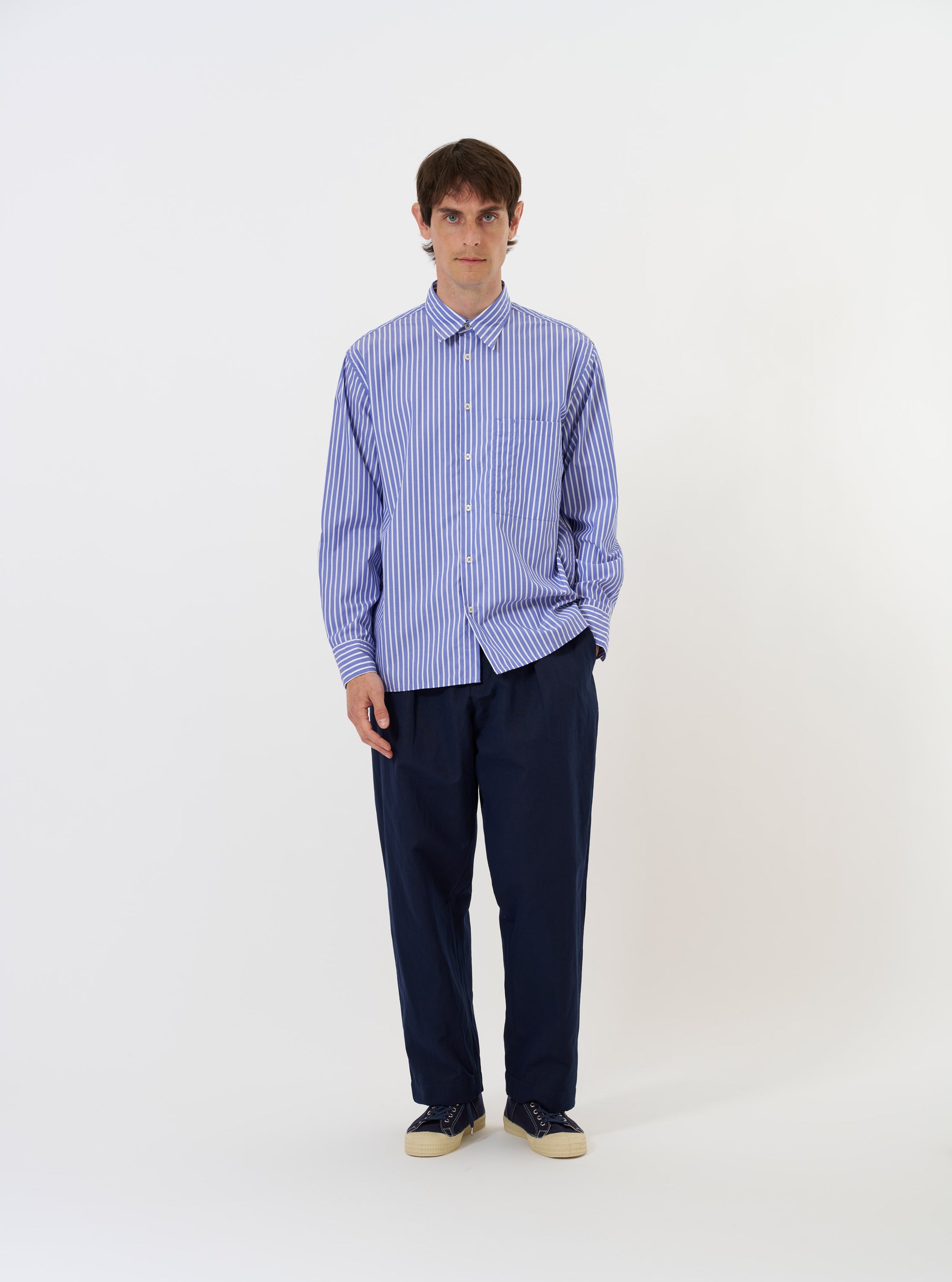 Blue/White Cotton Stripe Square Pocket Shirt