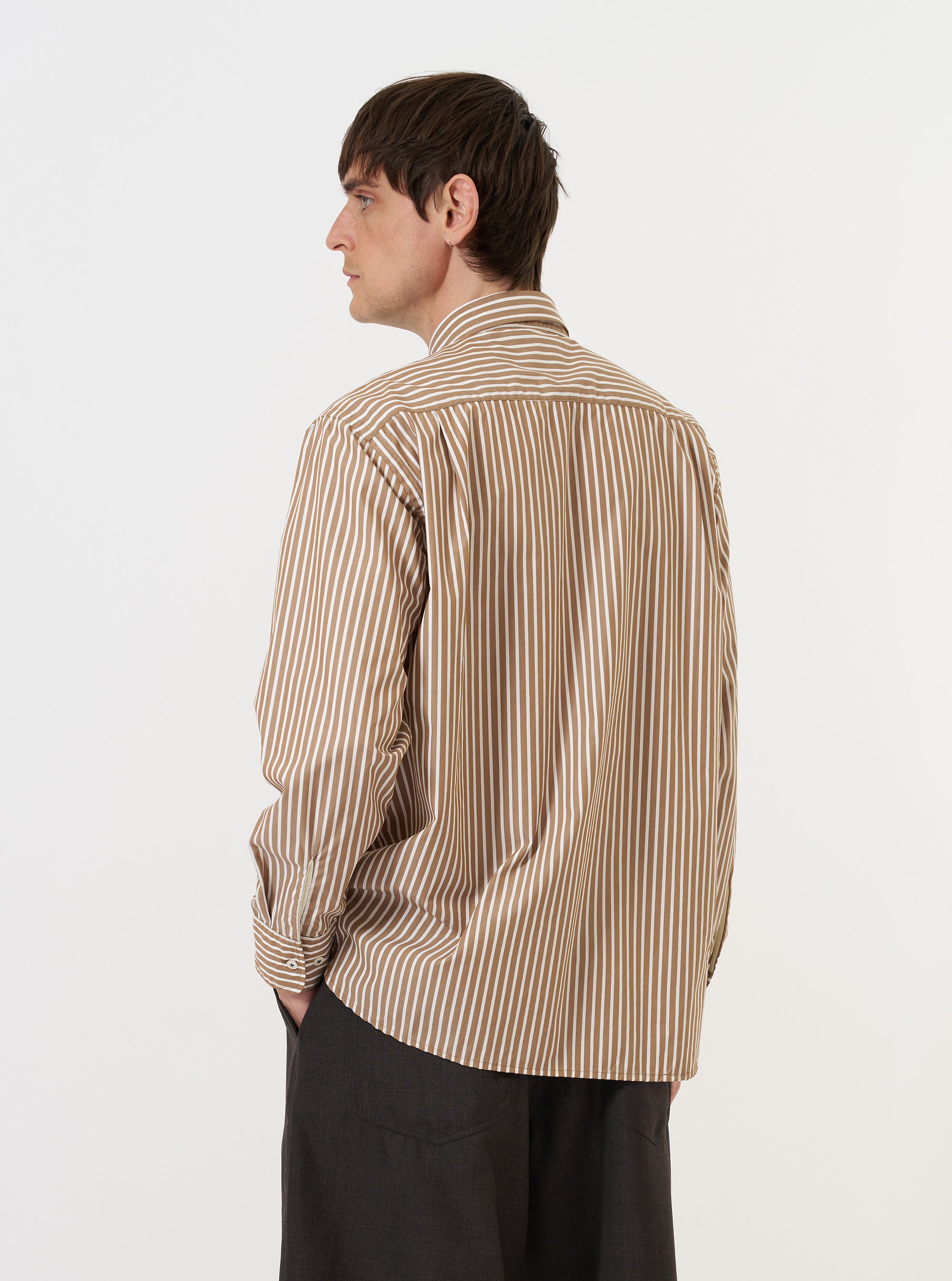 Brown/White Cotton Stripe Square Pocket Shirt