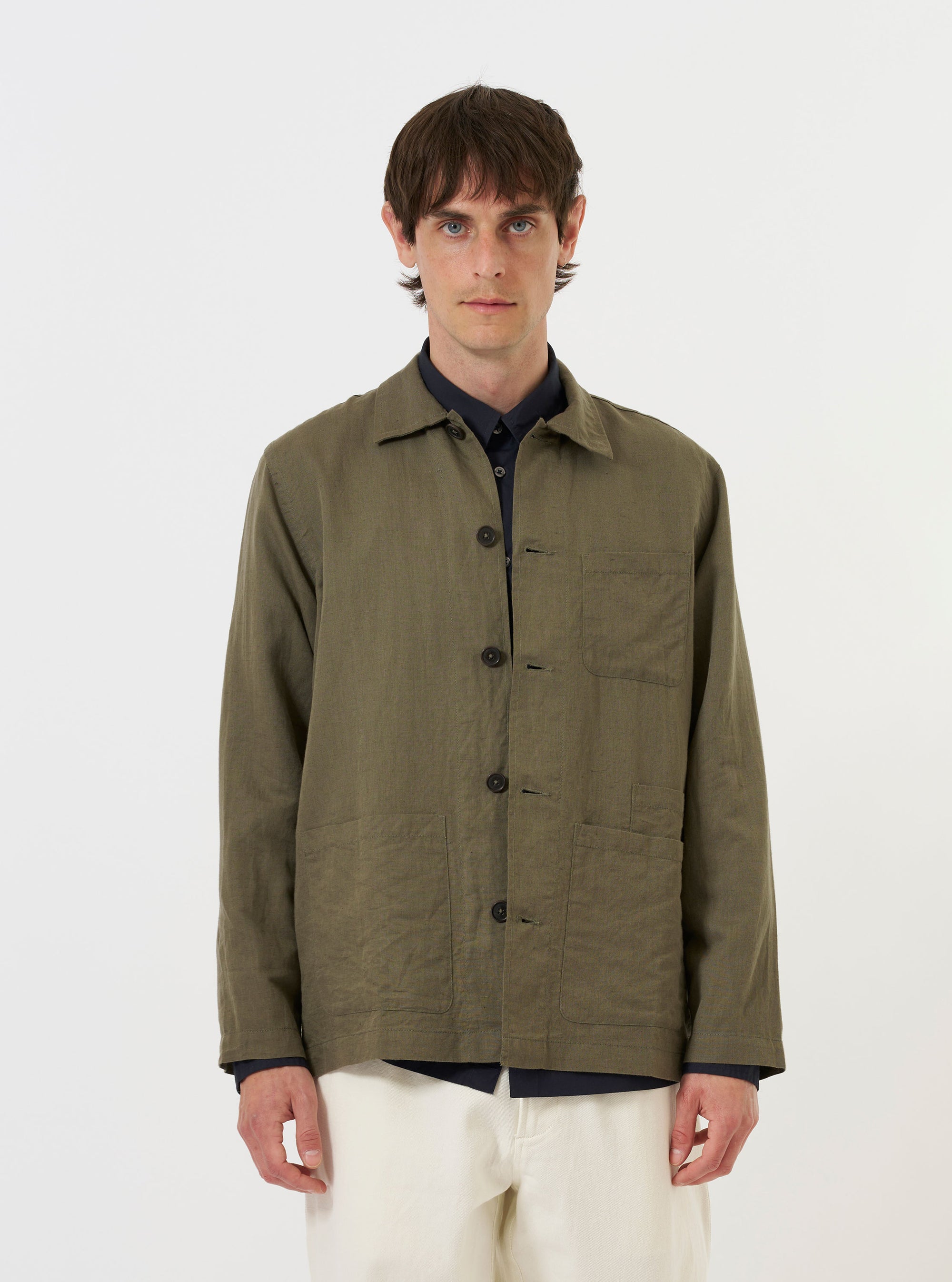 Olive Linen Cotton Shirting Bakers Overshirt