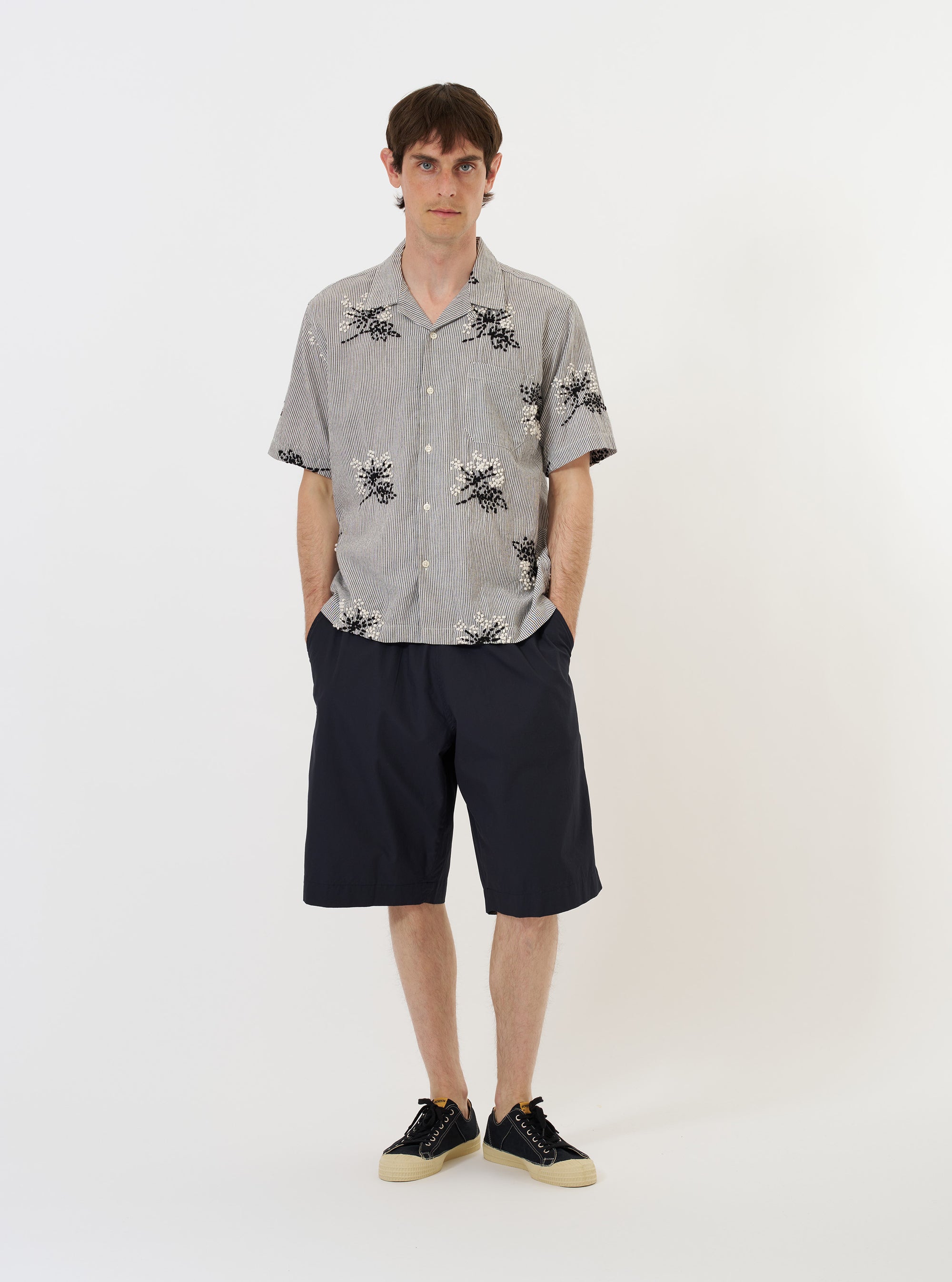 Grey Hand Embroidered Stripe Cotton Road Shirt