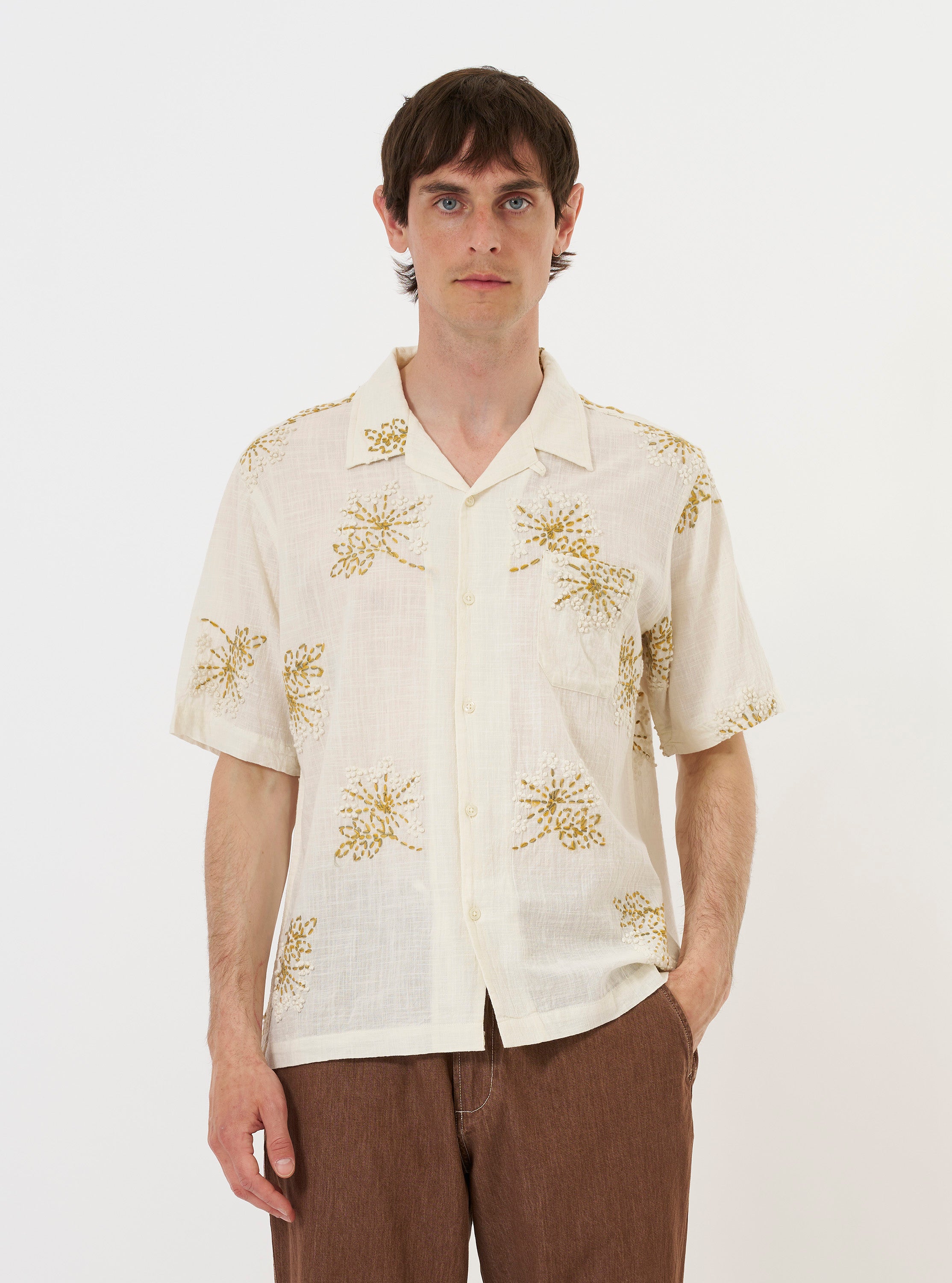 Men's Ecru Hand Embroidered Cotton Road Camp Collar Shirt