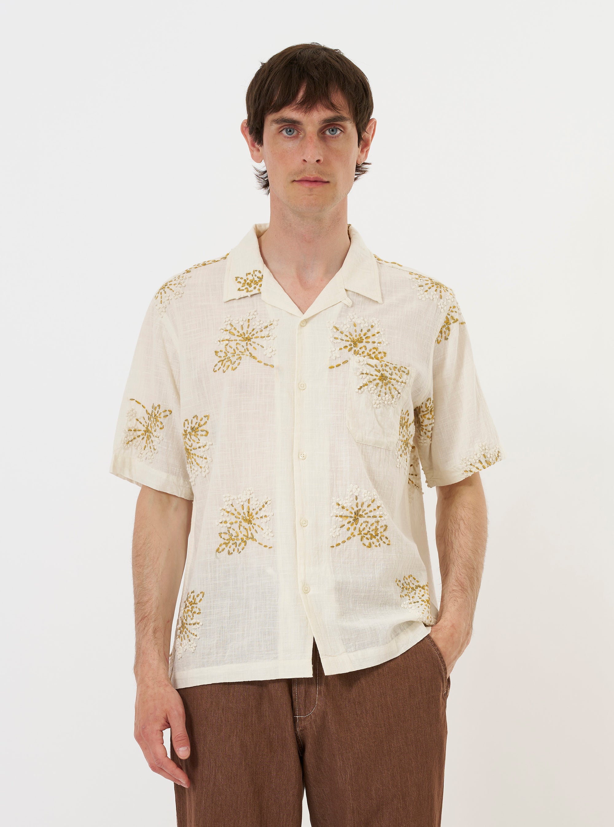 Ecru Hand Embroidered Cotton Road Shirt