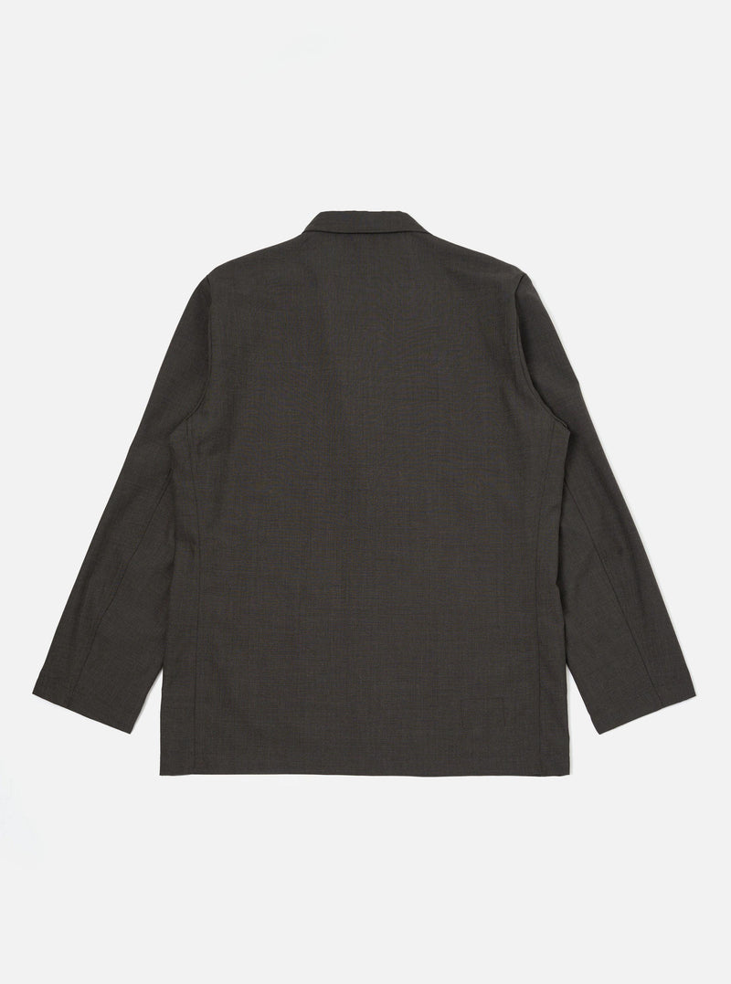 The Brown Marl Tropical Suiting Two Button Jacket is displayed from the back, laid flat against a solid white background. The image highlights the unstructured design, the straight hem, and the clean lines of the two-piece sleeve construction.