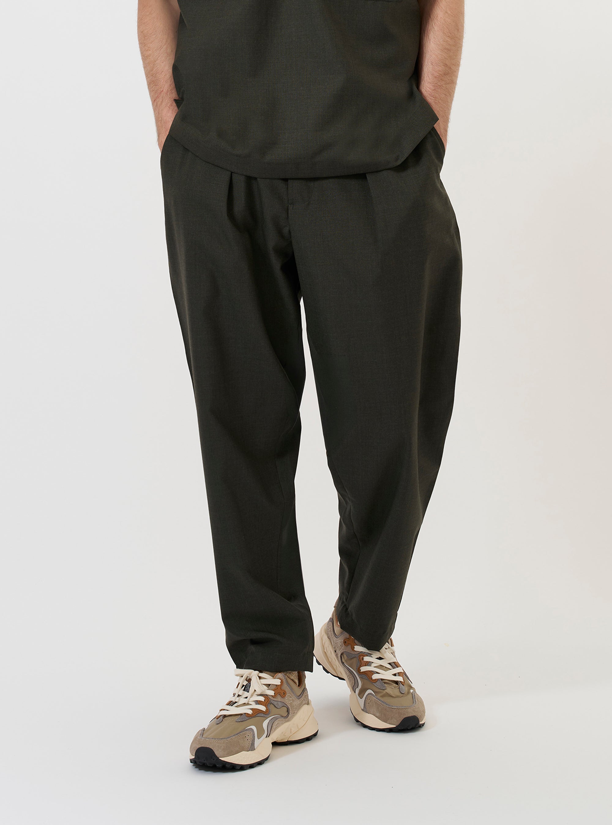 Olive Marl Tropical Suiting Pleated Track Pant