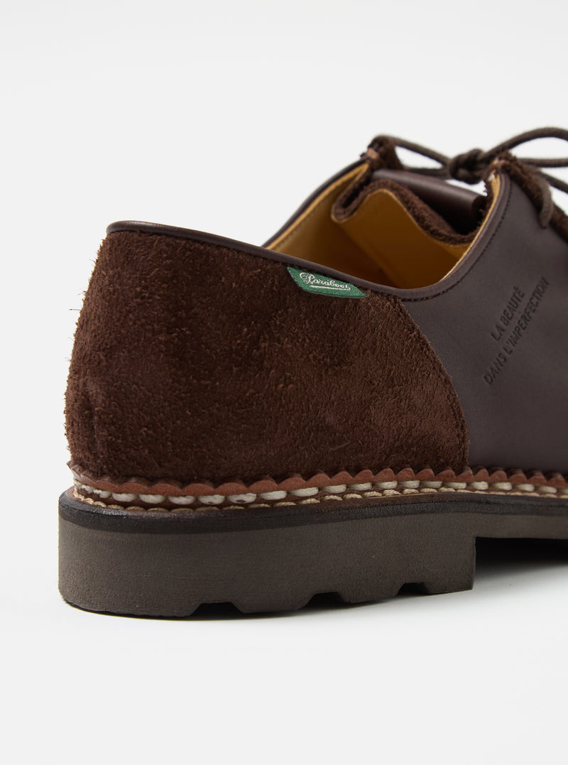 Close-up of the Paraboot x Universal Works Michael in Coffee Leather/Suede. The shoe features brown leather and suede, with a thick sole. Shot on a white background.