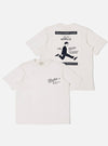 The Paraboot x Universal Works Ecru Single Jersey Print Tee is shown from both the front and back as a flat lay against a white background. The front of the ecru T-shirt features a small graphic on the left chest, while the back displays a large, colorful vintage-style illustration of a person walking a dog. The garment has a ribbed crew neckline and short sleeves.