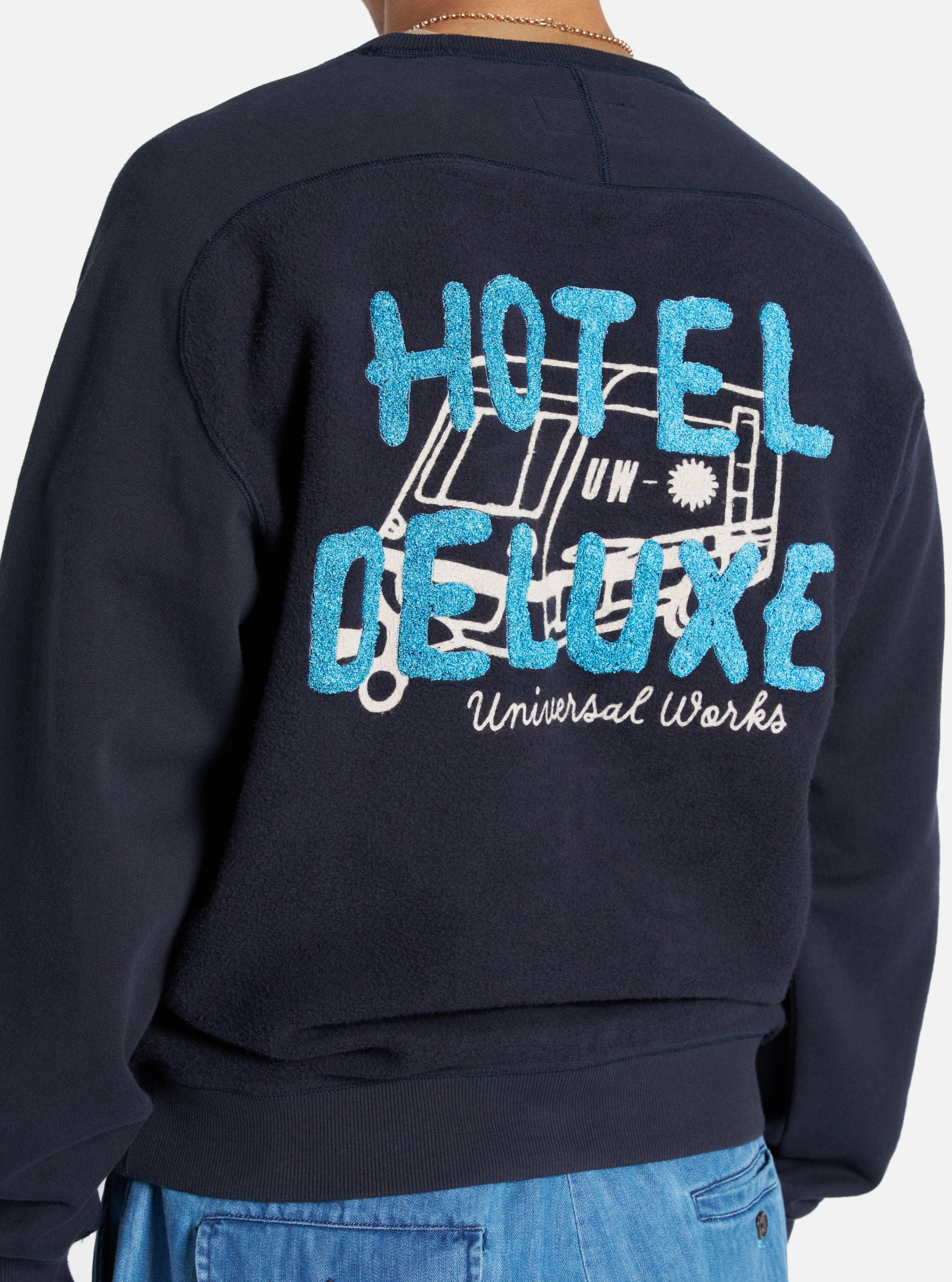 Navy Hotel Deluxe' Embroidered Brush Back Crew Sweat