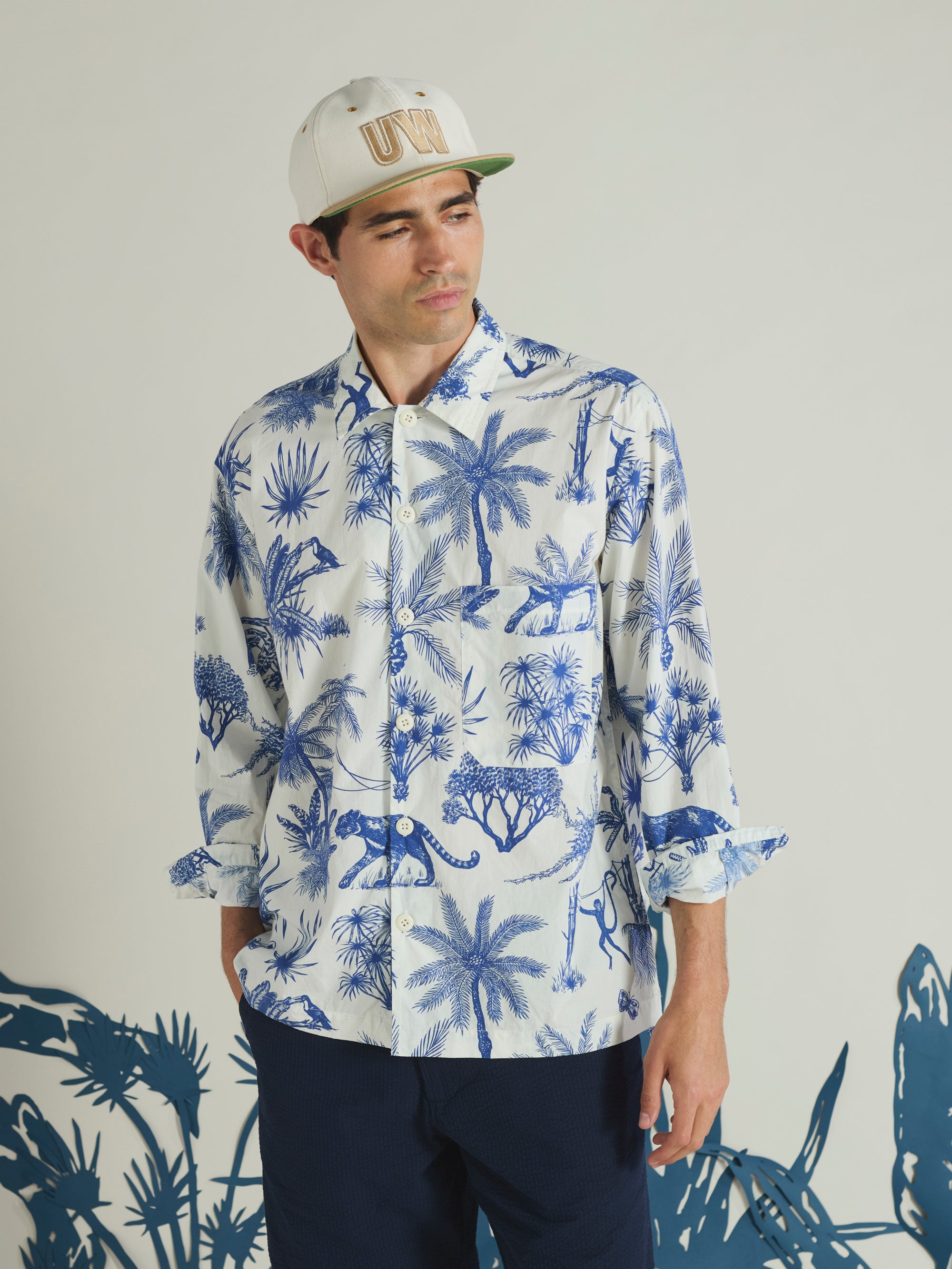White Jungle Toile Poplin Fatigue Shirt