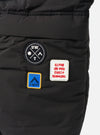 Close-up of the Topologie x Universal Works Black UW Tech Helmet Bag. Features black material and patches. Patches include UW logo, UWOT, and "Climb on you crazy diamond".