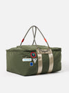 Topologie x Universal Works Rifle Green UW Tech Summit Duffle Large on a white background. The duffle is green with beige straps and rope handles. It has several patches.