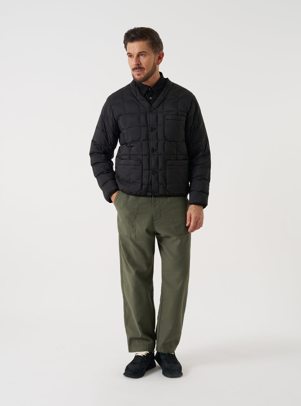 TAION x Universal Works Black Nylon Soft Shell Down Cardigan