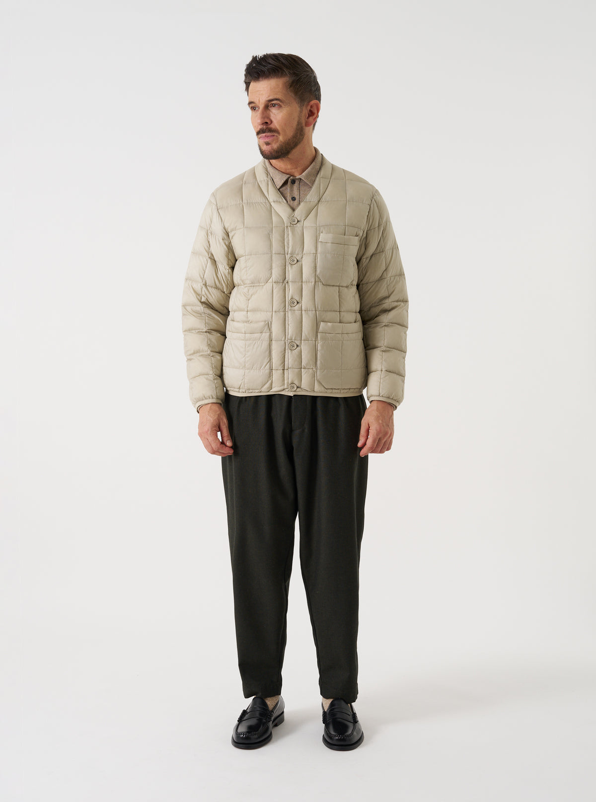 TAION x Universal Works Ice Grey Nylon Soft Shell Down Cardigan